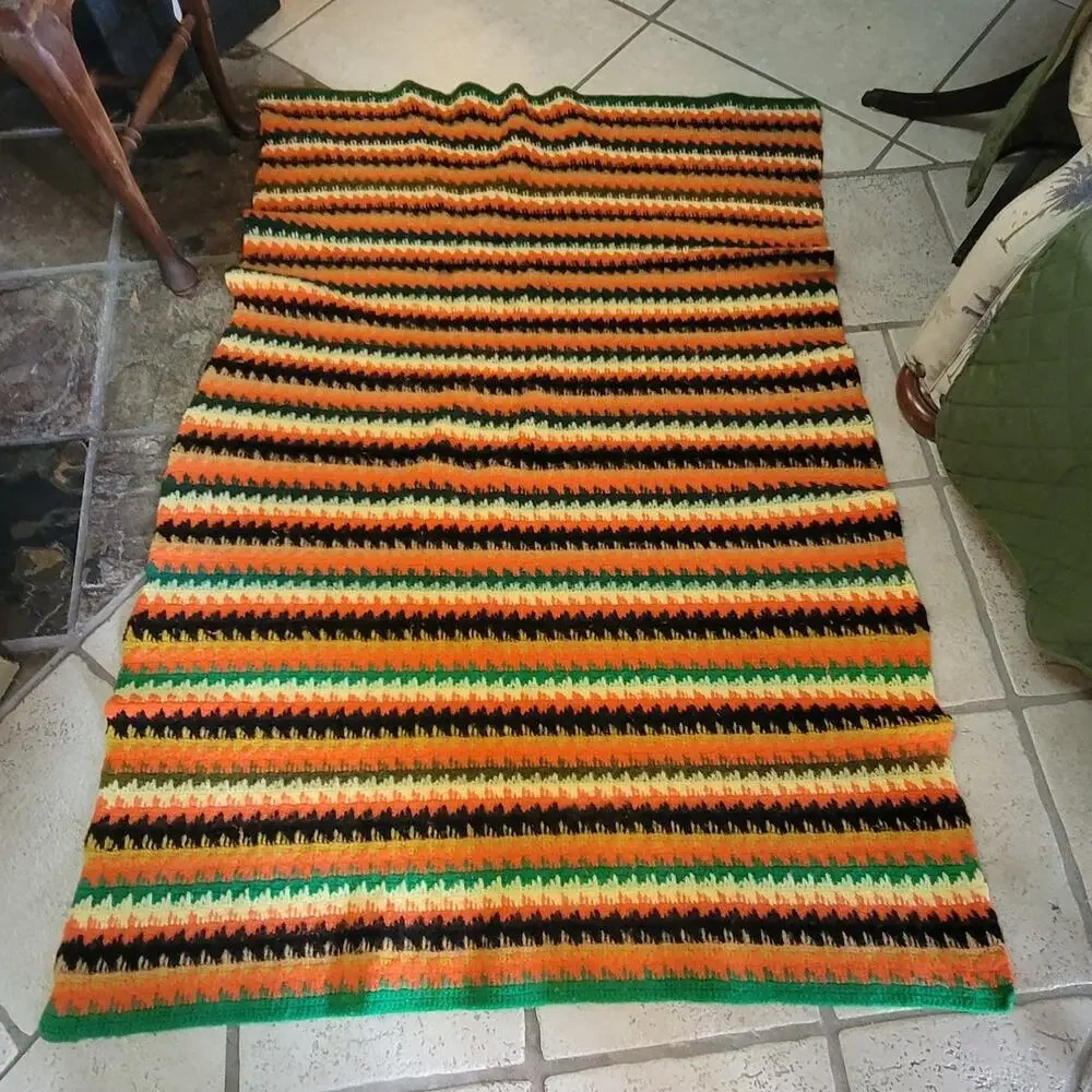 Handmade Wool throw 1970s FLAME Brown Yellow orange Green Gold CABIN 42